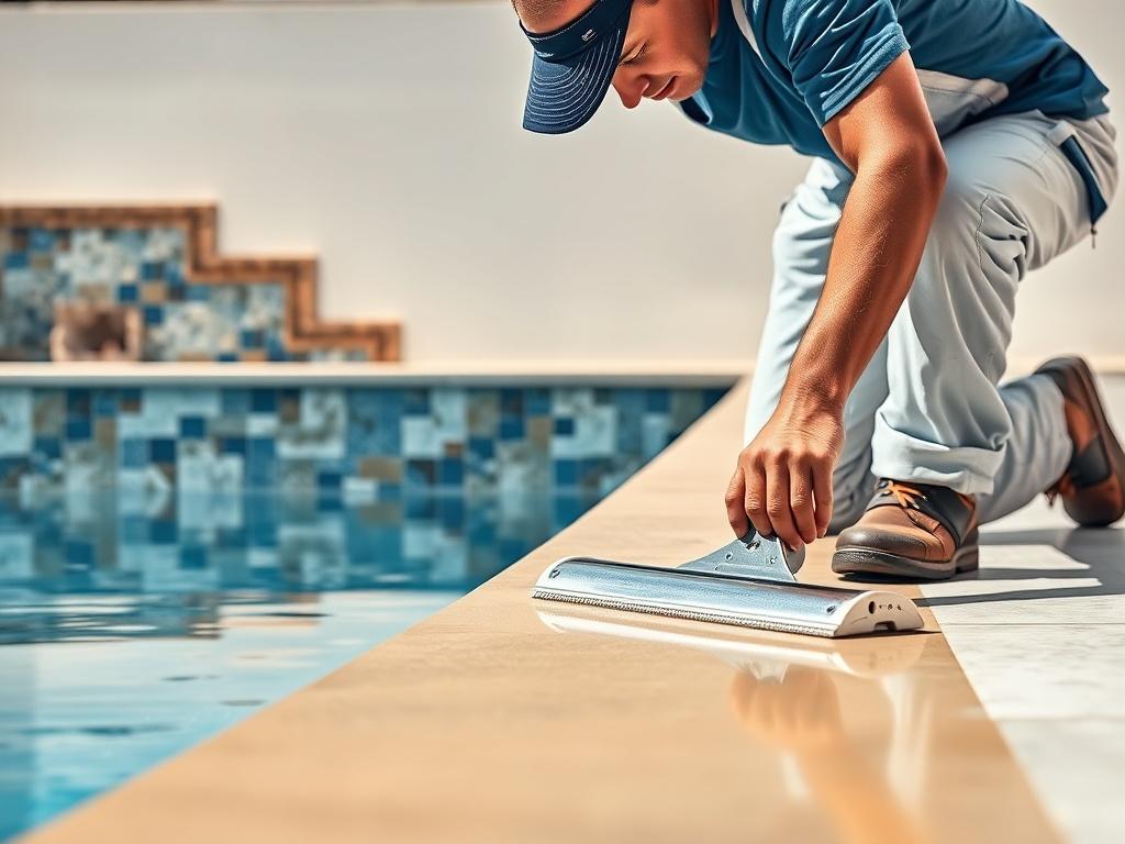 A close-up view of a skilled worker applying a new pool surface, showcasing high-quality materials and tools. The background features a partially renovated pool, displaying the transition from old to new, illustrating craftsmanship.