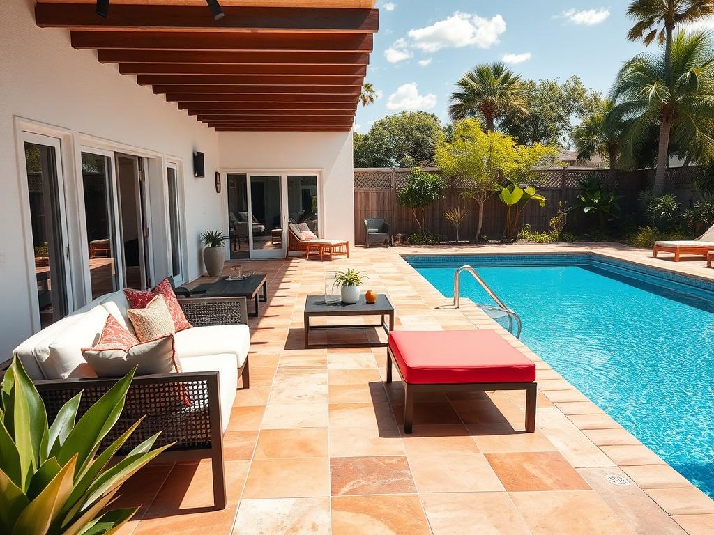 A stylish outdoor patio area with a newly upgraded pool deck, featuring modern furniture and vibrant pool tiles. The scene includes a sunny day with clear skies, surrounded by tasteful landscaping, showcasing a vibrant and inviting atmosphere.