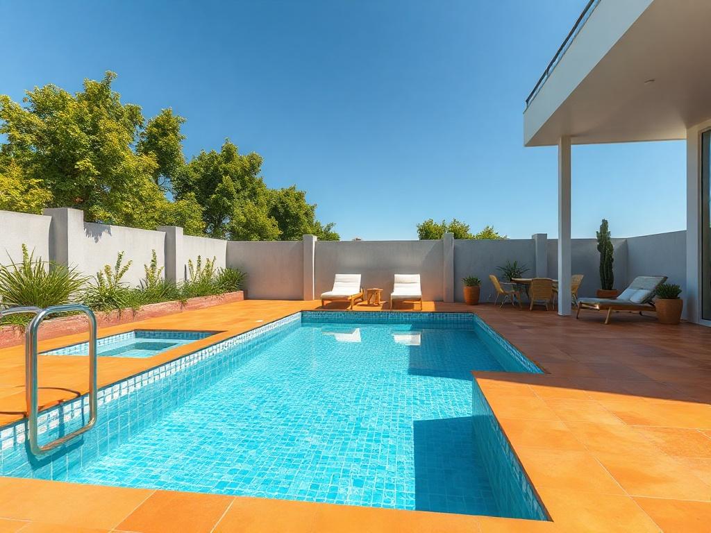 A beautifully renovated swimming pool with modern design elements, showcasing vibrant tiles and a sleek pool deck. The setting is sunny with clear blue skies, surrounded by lush greenery and minimalistic outdoor furniture, creating a relaxing atmosphere.