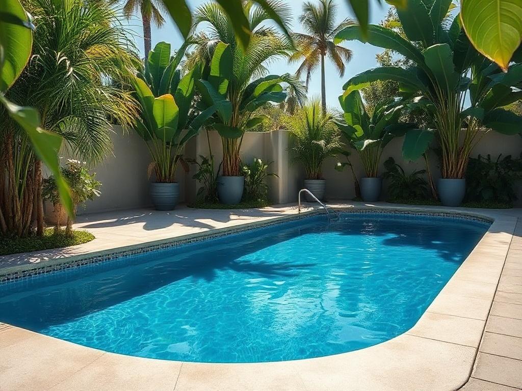 A stunning backyard swimming pool with sparkling blue water, surrounded by lush tropical plants and a clean, modern patio area. The scene captures the essence of a serene outdoor oasis, showcasing vibrant colors and inviting textures. Sunlight glimmers off the water's surface, creating a warm and inviting atmosphere. The composition is minimalistic, focusing solely on the pool and its surroundings, emphasizing relaxation and luxury.