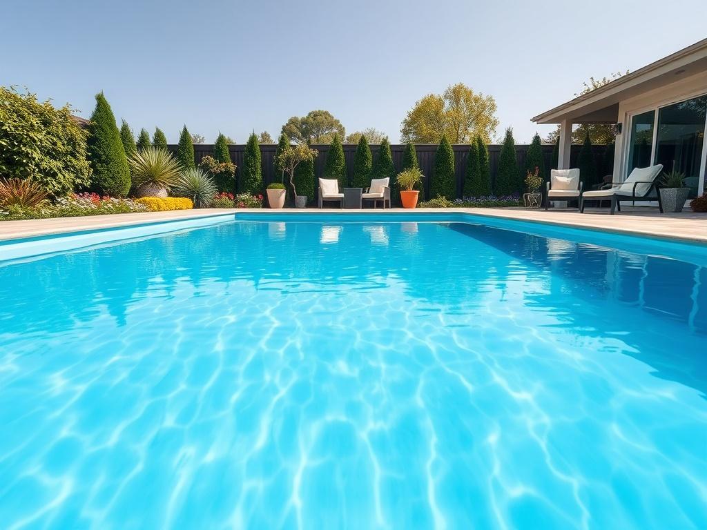 A beautifully resurfaced pool surrounded by a well-manicured garden. The pool water is crystal clear, reflecting a bright blue sky. The surface of the pool features a smooth, glossy finish in a vibrant color, enhancing its allure. The background showcases lush greenery, patio furniture, and a serene atmosphere, emphasizing the transformation of the outdoor space.