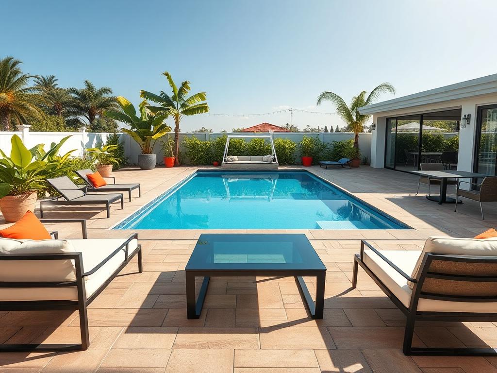 A vibrant pool deck featuring modern pavers and stylish outdoor furniture. The deck is spacious, inviting, and designed for relaxation and entertainment. The pool gleams in the background, complementing the upgraded area. The scene captures a sunny day with lush greenery surrounding the deck, creating a serene and inviting atmosphere.
