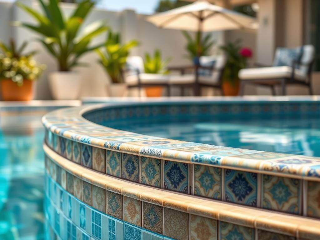 A close-up view of freshly replaced pool tiles and coping, showcasing intricate patterns and vibrant colors. The pool's edge is elegantly designed, blending seamlessly with the surrounding environment. Sunlight reflects off the water, highlighting the new materials. Background elements include lush plants and outdoor furniture, creating a welcoming atmosphere.