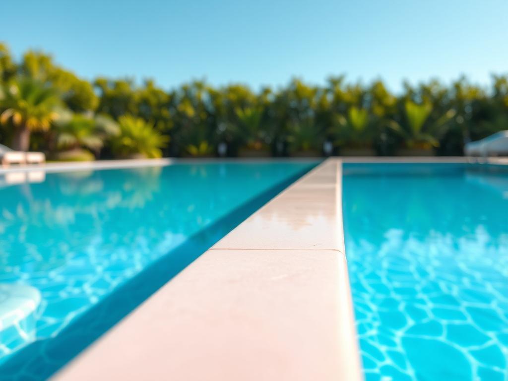 A close-up shot of modern pool coping, showcasing a sleek and stylish edge, with vibrant colors reflecting sunlight. The background features a well-maintained swimming pool, surrounded by lush greenery and a clear blue sky, emphasizing the elegance of the coping design.