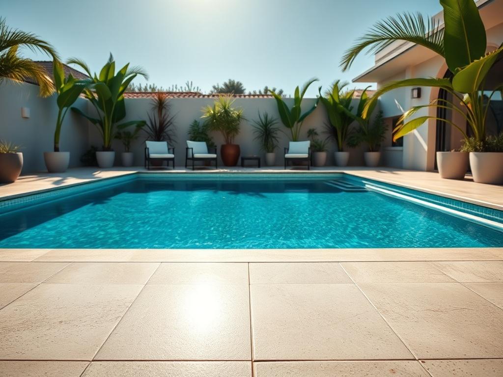 A beautifully resurfaced swimming pool with a shimmering finish, reflecting sunlight. The surrounding area features stylish outdoor furniture and tropical plants, creating a serene and inviting atmosphere. The image captures the essence of a luxurious backyard retreat.