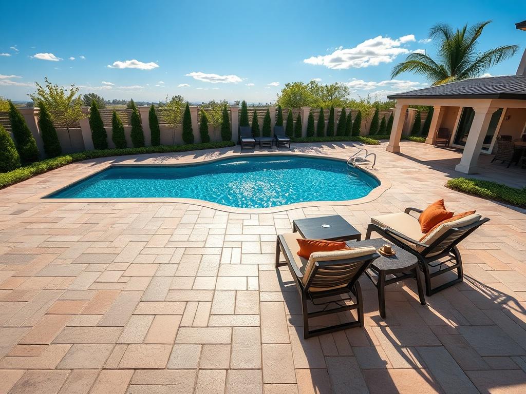 A stunning custom pool deck featuring elegant pavers and a unique layout, surrounded by lush landscaping. The pool glistens in the sunlight, and outdoor furniture is strategically placed to invite relaxation and enjoyment. The overall ambiance is tranquil and inviting.