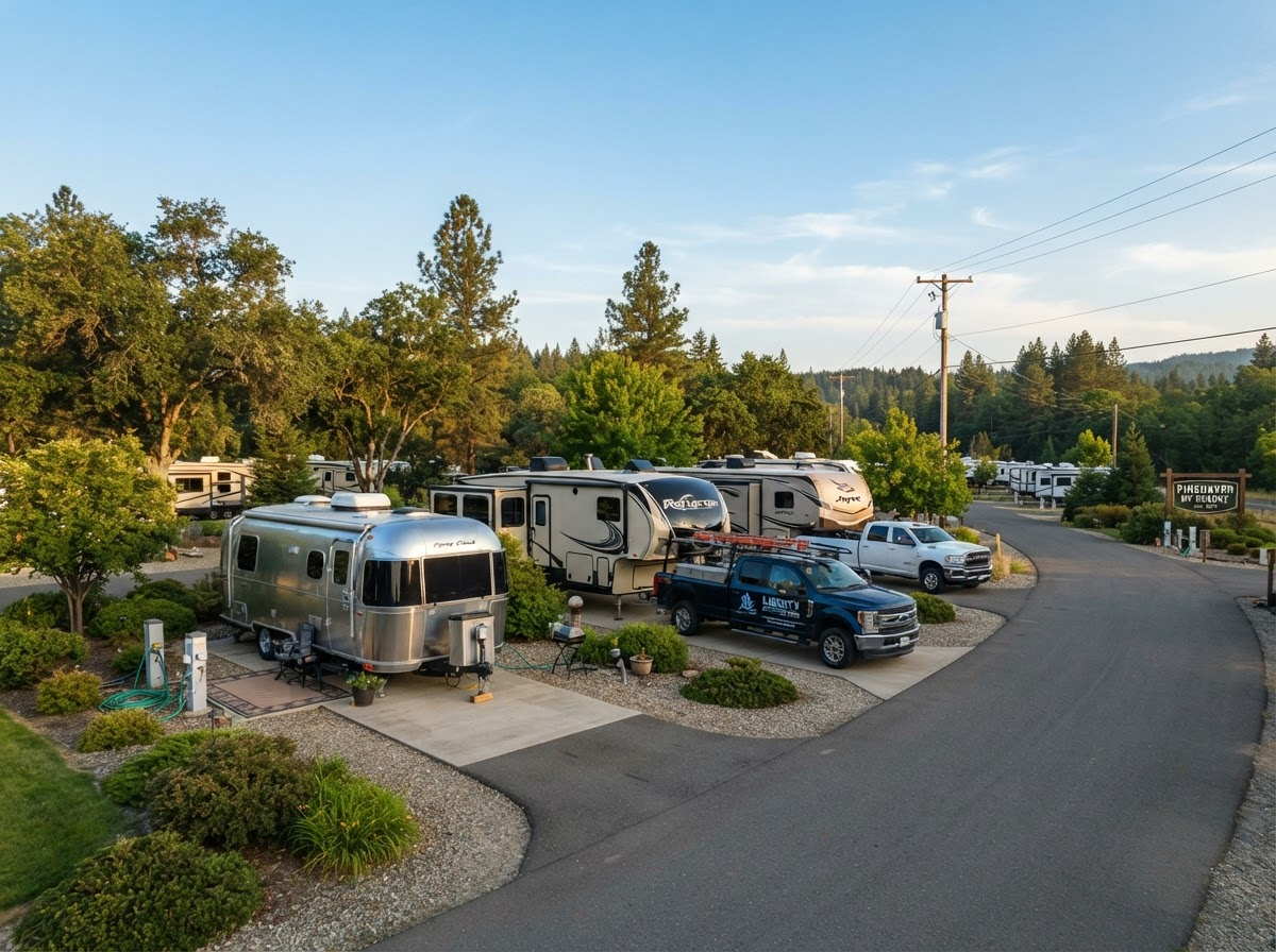 Well-maintained RV park with travel trailers and work trucks at paved sites
