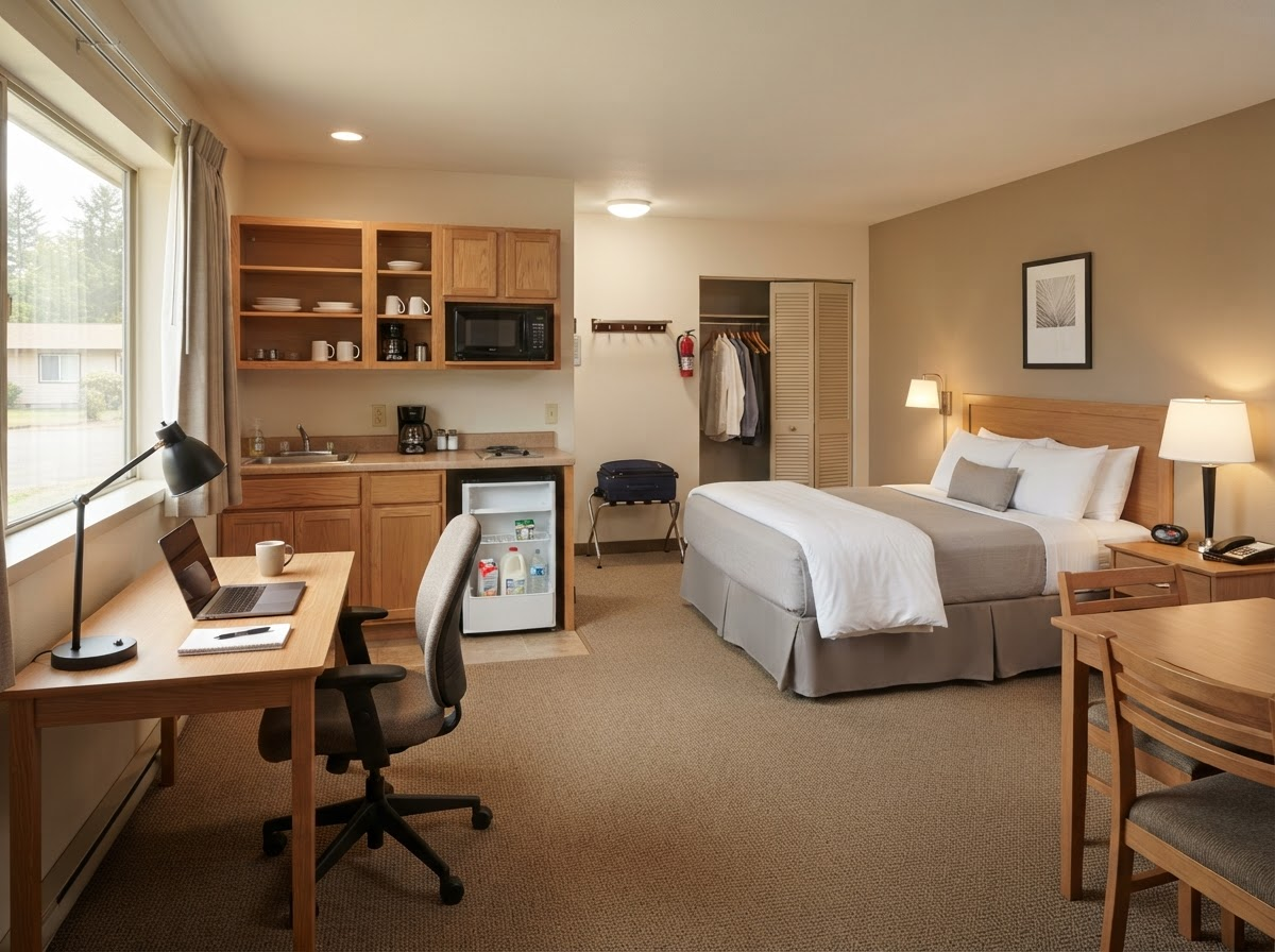 Clean extended-stay hotel suite with kitchenette for traveling workers