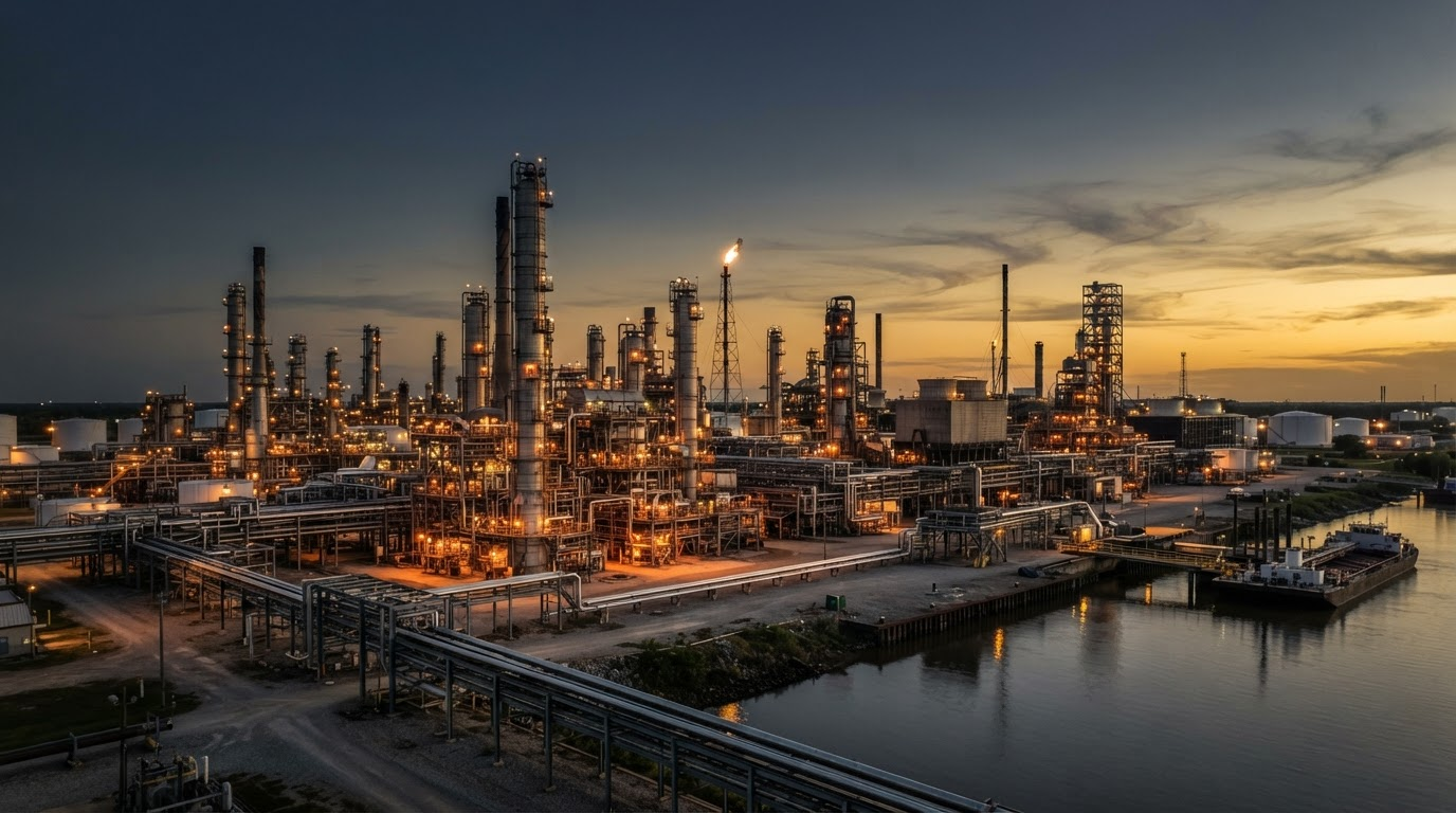 Industrial refinery structures and pipelines in Baton Rouge, Louisiana at dusk