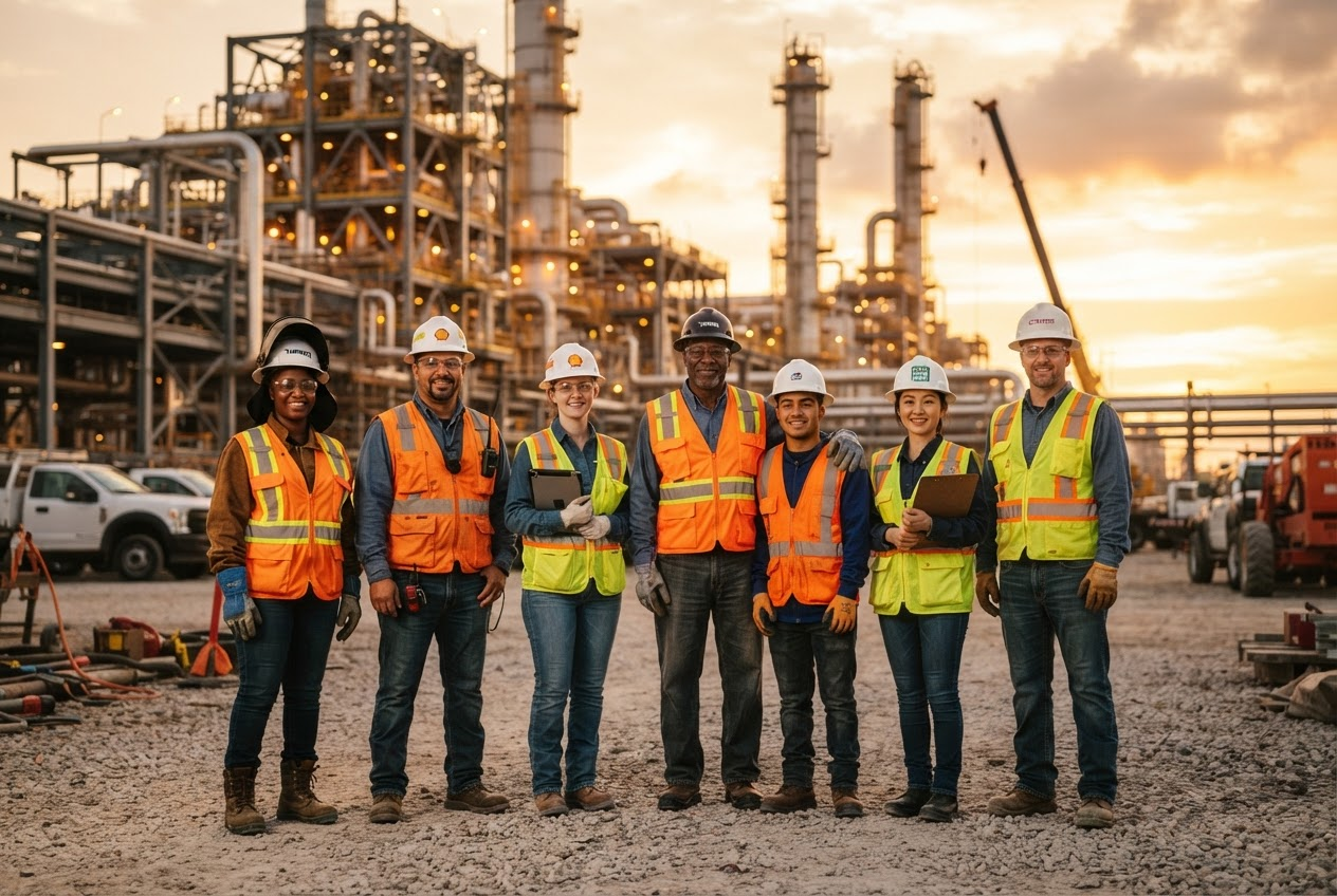Industrial construction crew in hard hats and high-visibility vests at a Louisiana project site