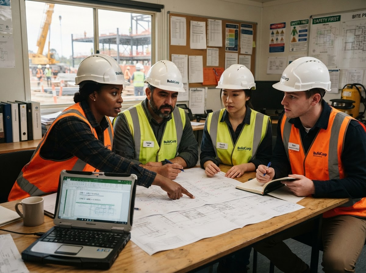 Construction project managers and supervisors reviewing plans together at a job-site trailer