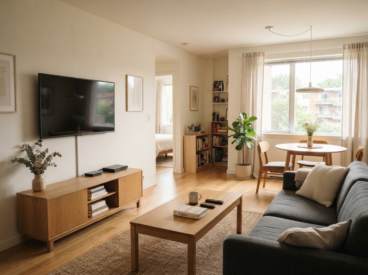 Furnished apartment living room for working professionals on extended assignments