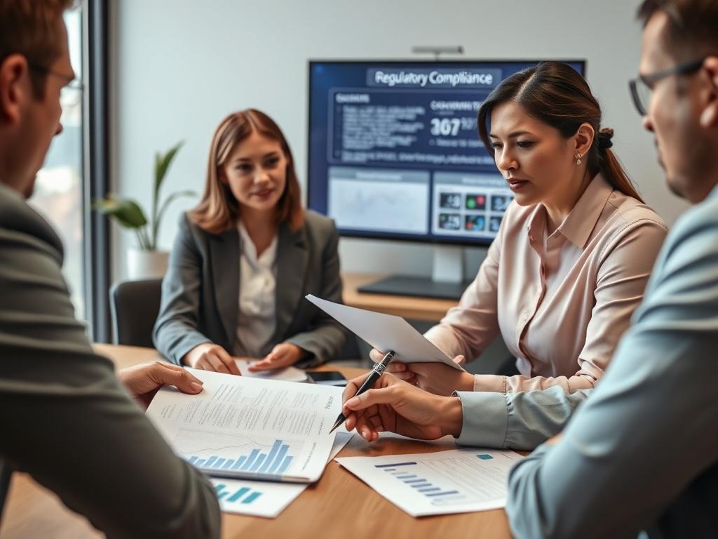 A professional reviewing regulatory compliance documents with clients in a