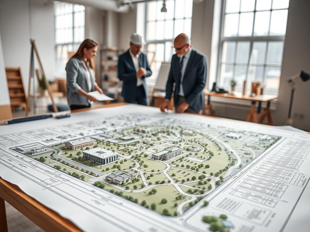 A detailed site plan layout displayed on a drafting table,