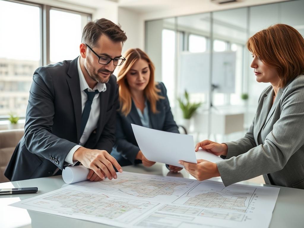 A professional consultant discussing land development plans with clients over