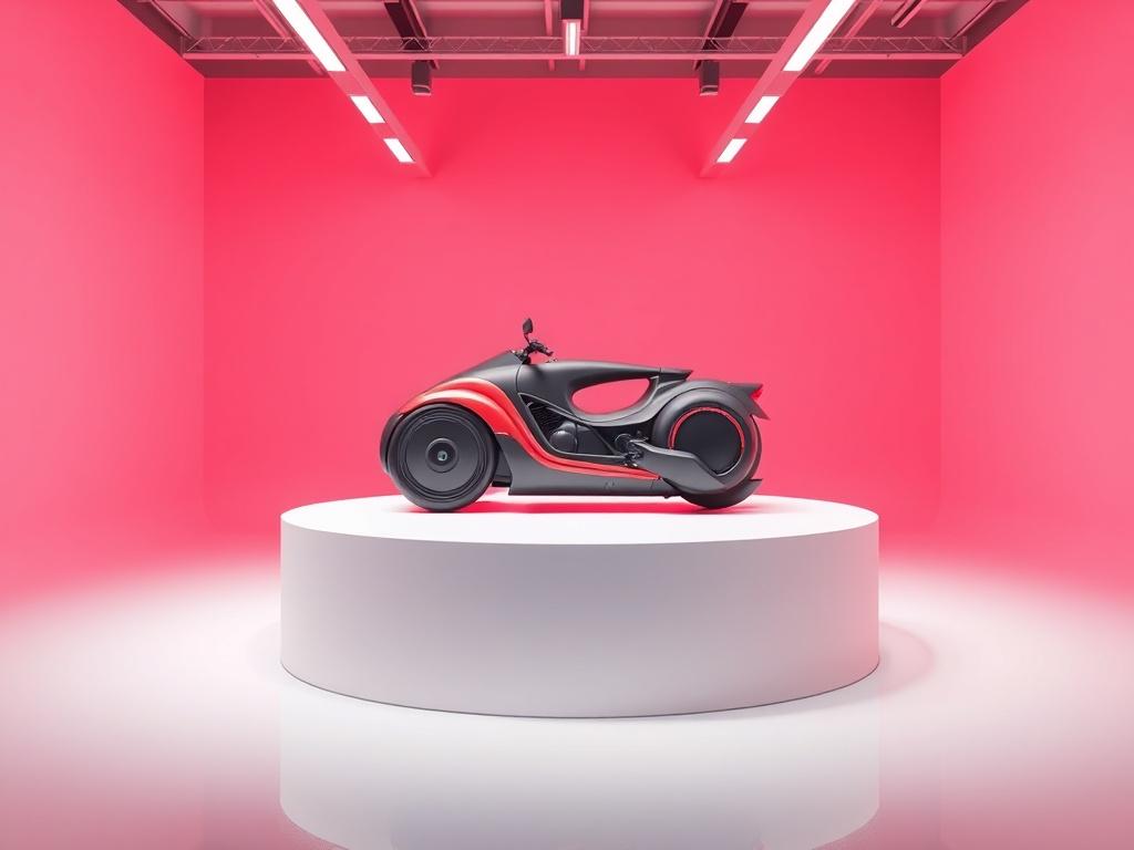 A high-resolution image displaying a 3D product model on a sleek white pedestal in a well-lit studio. The model should be hyper-realistic, showcasing intricate details and textures. The background must remain minimalistic and clean, enhancing the focus on the product model. Use vibrant colors that align with the primary color rgb(40, 93, 225), creating a striking visual impact.