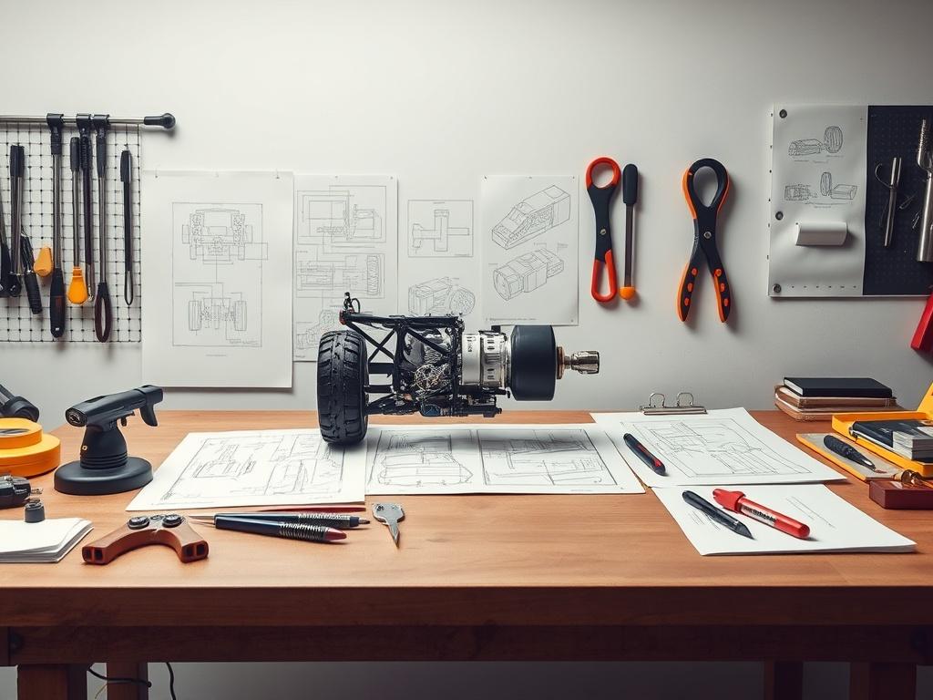 A high-resolution image of a finished prototype displayed prominently on a workbench, surrounded by design sketches and tools. The prototype should be the focal point, showcasing its intricate details. The background should be minimalistic and tidy, emphasizing the craftsmanship involved in the prototype development process. Utilize bold colors that complement the primary color rgb(40, 93, 225), creating a professional and inviting atmosphere.