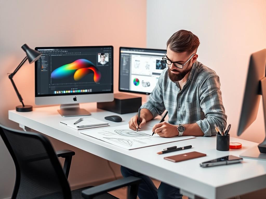 A high-resolution image of a modern workspace featuring a designer sketching product concepts on a clean desk. The background should be minimalistic with a focus on essential elements like design tools and a computer displaying design software. Use bold vibrant colors to highlight an inspiring atmosphere, and ensure the composition is clear and simple, showcasing the designer's focused expression.