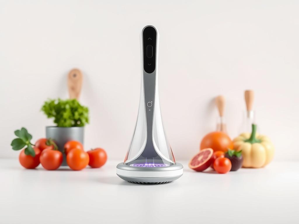 A photorealistic image of a sleek and modern consumer product, such as an innovative kitchen gadget, elegantly placed on a clean, minimalistic white background. The product should showcase its aesthetic appeal with bold vibrant colors and smooth, clean lines. The lighting should enhance the product's features, emphasizing its functional design while maintaining a lifelike quality. The focus should be on the product itself, without any distractions in the background.