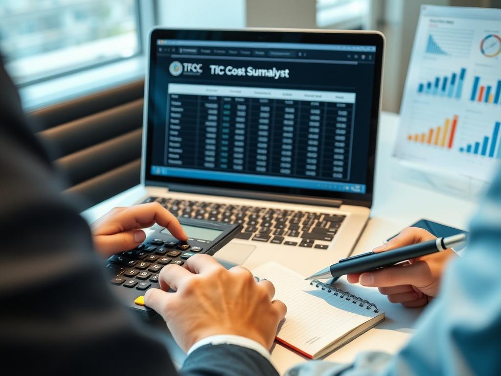 A realistic high-resolution photo of a financial analyst at work, focused on a TIC Cost Summary Template displayed on a sleek laptop. The analyst is using a calculator and making notes on a notepad, with charts and graphs visible in the background. The setting is a modern office with a clean and professional atmosphere, emphasizing precision and attention to detail.