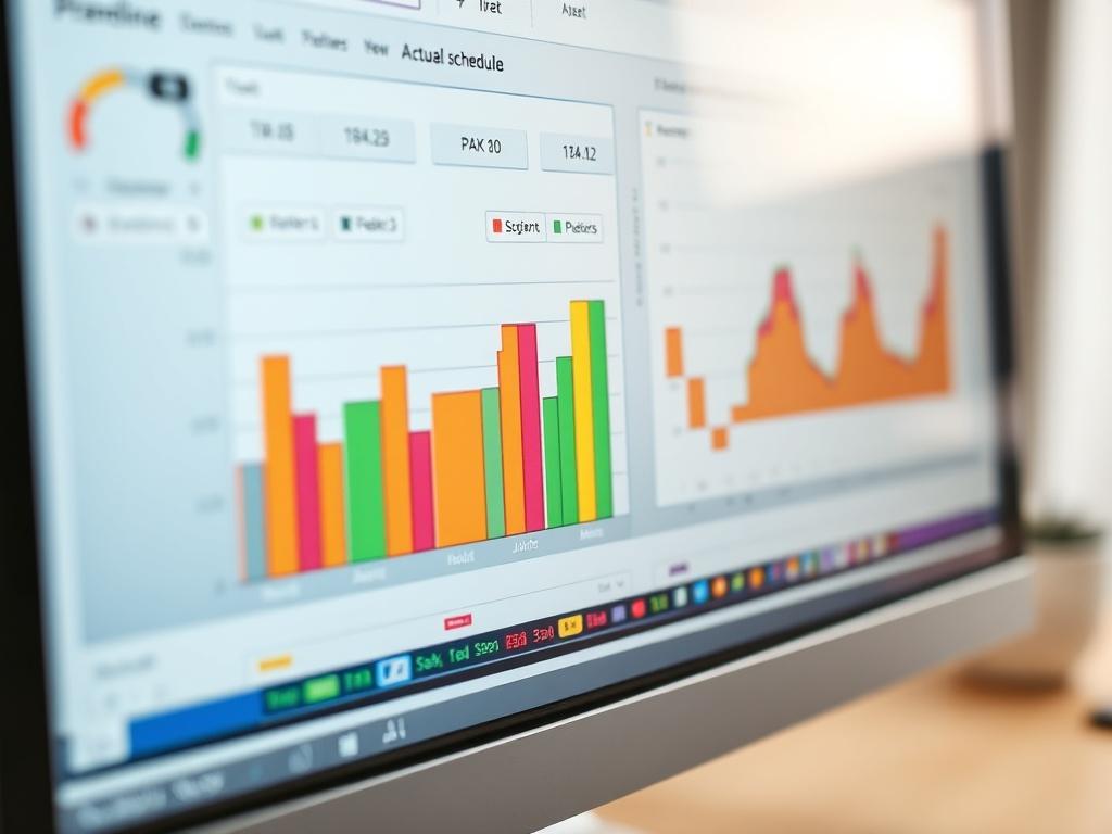 A realistic high-resolution photo showing a close-up of a computer screen displaying a Baseline Schedule vs Actual Schedule comparison in a project management software. The screen should include colorful graphs and charts illustrating the differences between planned and actual timelines, with clear labels and a professional layout. The background should be simple and uncluttered, focusing on the screen and enhancing the clarity of the data presented.