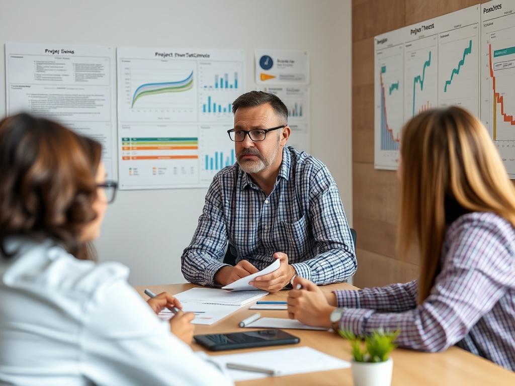 A close up shot of a project manager discussing project