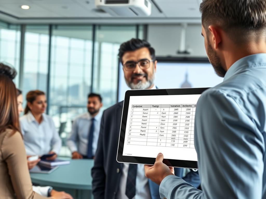 A hyper-realistic high-resolution photo of a professional consultant presenting a contract variation table on a digital tablet in a modern office setting. The consultant is a middle-aged South Asian man wearing a smart business suit, engaged in discussion with a diverse group of colleagues. The background features a sleek conference room with glass walls, a large window showing a cityscape, and a projector displaying the contract variation table. The focus is on the tablet's screen, showcasing a clear, deta