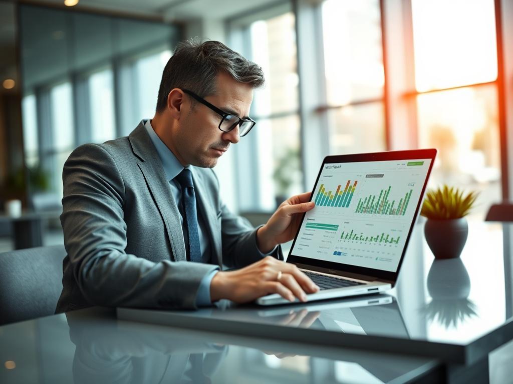 A hyper-realistic close-up shot of a professional consultant analyzing project control reports on a sleek modern desk. The consultant, a middle-aged man wearing glasses and a tailored suit, is focused on a laptop screen displaying project control metrics and graphs. The background is softly blurred, showcasing a sophisticated office environment with large windows allowing natural light to illuminate the space. The color palette is primarily green, aligning with the rgb(50, 170, 39) theme.