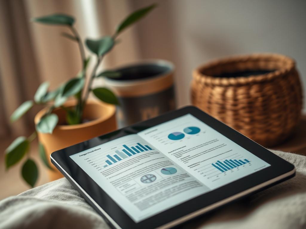 A close-up shot of an open e-book on a tablet, displaying engaging graphs and text from a case study. The background features a cozy reading nook with a plant and soft lighting, creating an inviting atmosphere for learning.