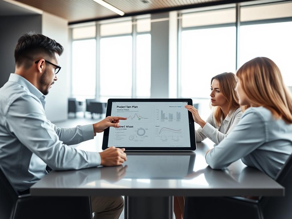 A group of four white professionals engaged in a discussion around a large tablet screen displaying a project plan. They are seated at a modern conference room table, with the tablet positioned centrally. The professionals, two men and two women, are actively pointing and discussing various elements of the project plan. The conference room features sleek furniture and large windows allowing natural light to illuminate the space, creating a collaborative and professional atmosphere.