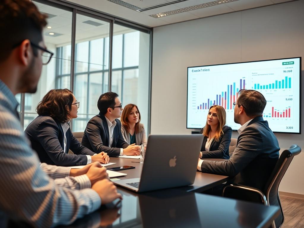 A professional setting with a diverse group of business people