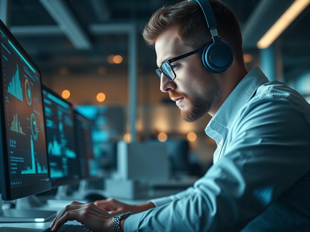 An IT specialist working on a computer with AI software,