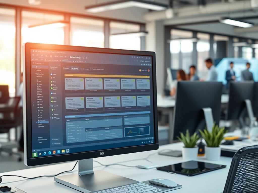 A close up shot of a modern office environment with