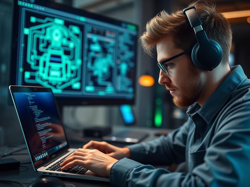 A close-up shot of a software developer coding on a laptop, with a digital blueprint of custom AI solutions displayed on a screen in the background. The focus is on the developer's concentration and the technology around them, illustrating the creativity and technicality of AI development. The image should feature vibrant green shades (rgb(50, 170, 39)) to enhance the theme.