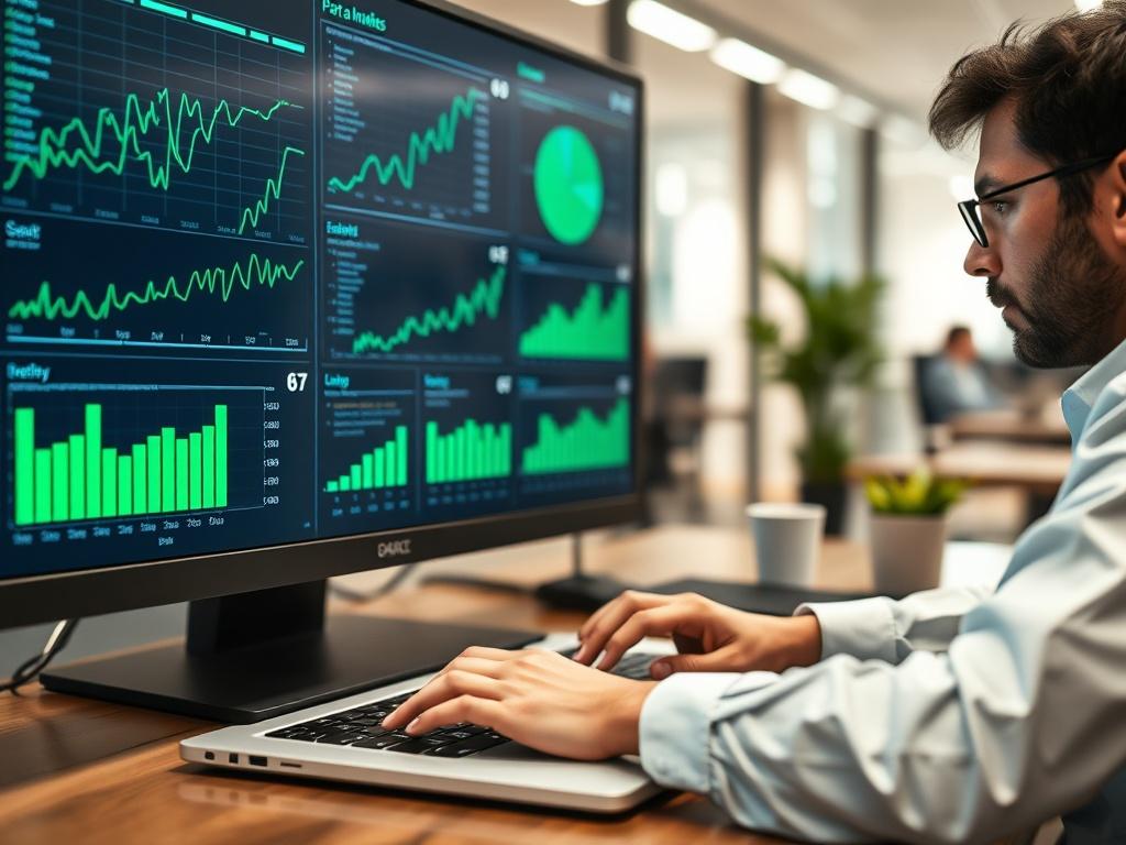 A close-up shot of a data analyst working on a laptop surrounded by charts and graphs on a digital screen, with an office environment in the background. The analyst appears focused and engaged, reflecting the importance of data analysis. The image should emphasize clarity and professionalism, incorporating green tones (rgb(50, 170, 39)) in the graphics.