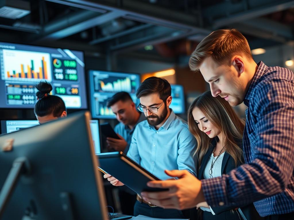 A vibrant close-up of a busy sales team in action, collaborating over digital devices with charts and graphs projected on screens. The atmosphere is dynamic and energetic, reflecting a fast-paced business environment. Shot with a 45mm f/1.2 lens to capture the excitement and teamwork.