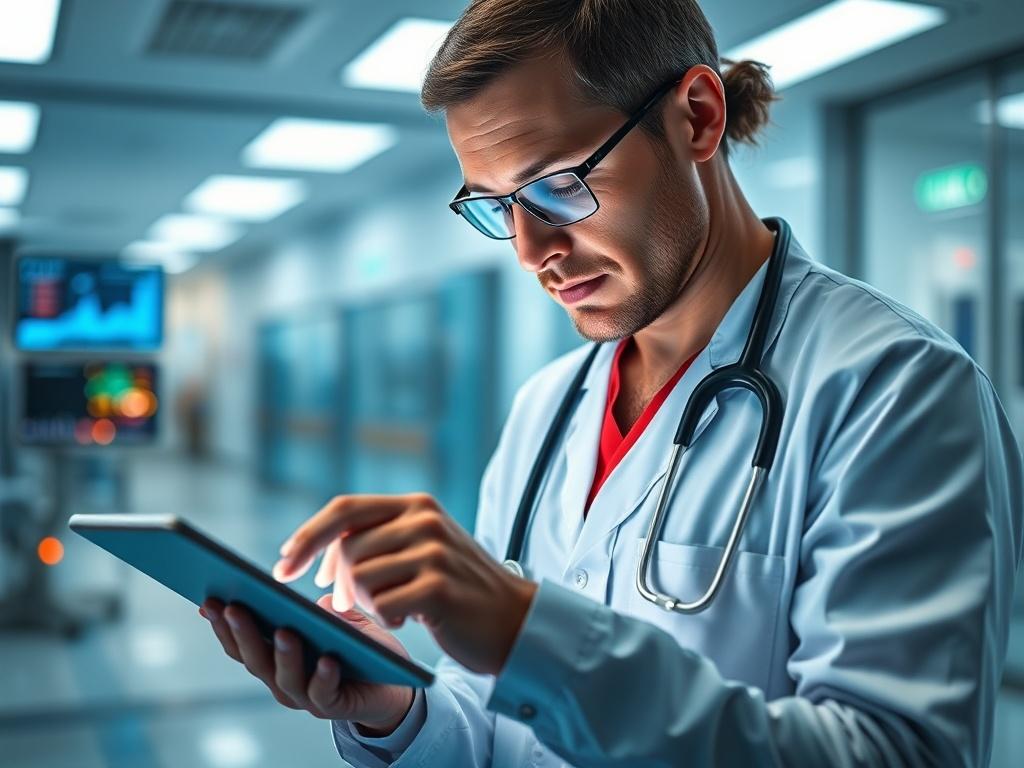 A hyper-realistic close-up of a healthcare professional analyzing patient data on a digital tablet, with graphs and metrics clearly visible. The setting is a modern hospital environment, conveying professionalism and precision. Shot with a 45mm f/1.2 lens to highlight the tablet and the professional's focused expression.