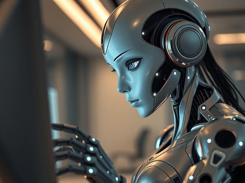 A futuristic, beautifully designed robot girl, with sleek metallic features and glowing accents, is intently looking at a computer screen. The setting is a modern, high-tech office environment with soft ambient lighting that emphasizes the robot's intricate details. The background is simple and clean, allowing the viewer to focus on the robot's expression of curiosity and engagement with the screen. The image should convey a sense of innovation and advanced technology.
