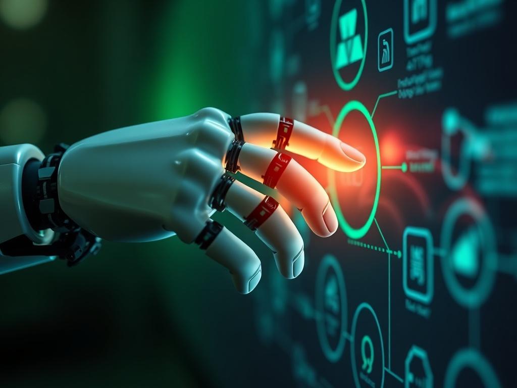 A hyper-realistic close-up shot of a robotic hand interacting with a touchscreen interface, showcasing AI technology in action. The background should be blurred to emphasize the hand and screen, creating a sense of innovation and advancement. Soft green lighting should subtly illuminate the scene, reinforcing the AI Infusion brand identity. The focus should be on the interaction between technology and human ingenuity.