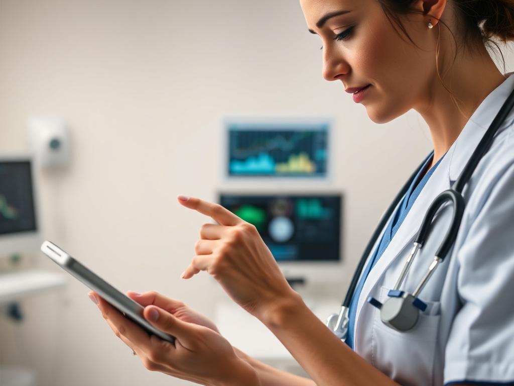 **Prompt for AI Image Generator:**

Create a highly detailed, realistic high-resolution photo reflecting the theme of "How AI Transforms Healthcare Workflows." 

**Composition:** Focus on a close-up shot of a healthcare professional, specifically a nurse or doctor, using a tablet or digital device. The professional should be wearing scrubs, a lab coat, and have a thoughtful expression as they interact with the technology, symbolizing the integration of AI in their daily workflow.

**Subject Matter:** The su