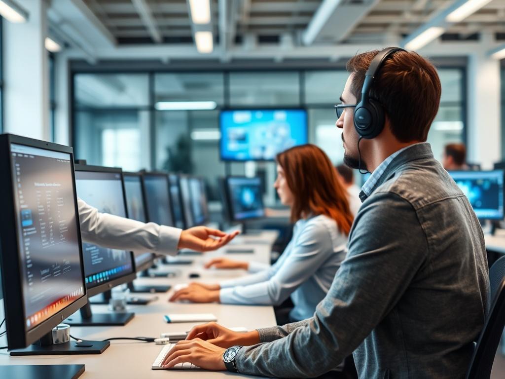 A dynamic shot of a trainer guiding employees through an AI system on their computers, showcasing engagement and learning. The background features a modern office space with multiple workstations, emphasizing collaboration and knowledge sharing.
