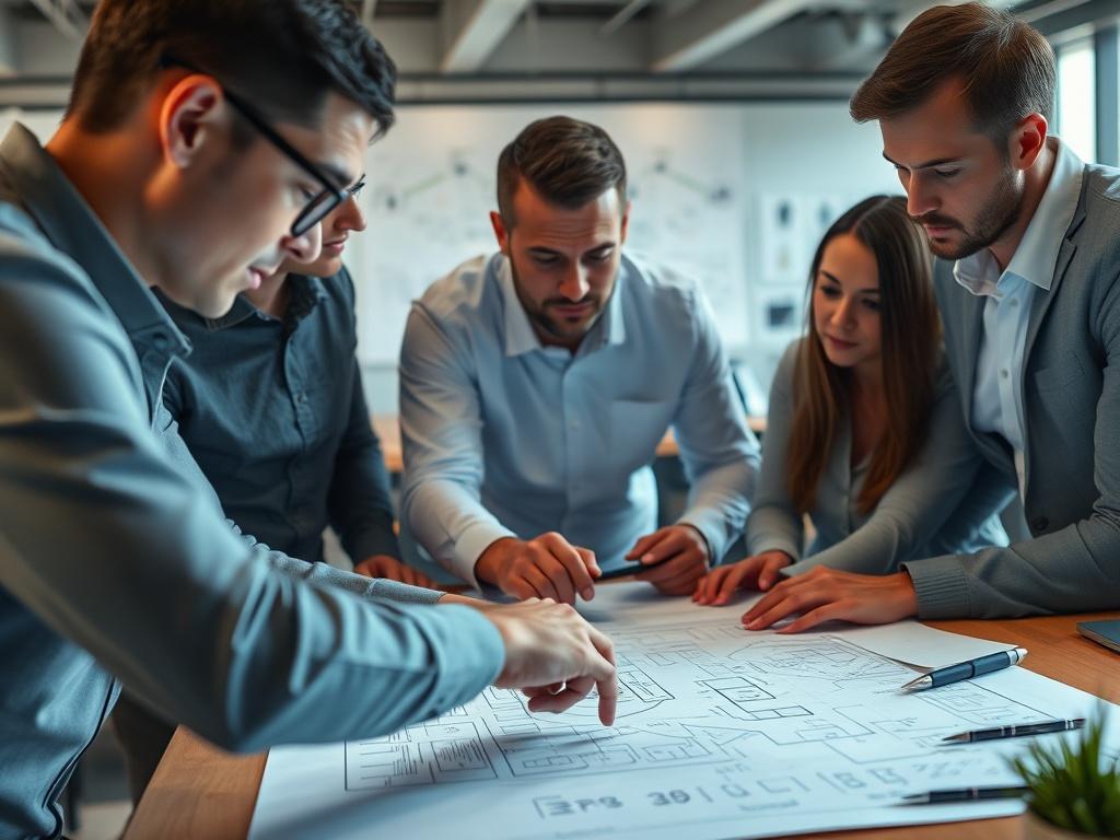 An image capturing a team of professionals collaborating over a digital blueprint or design, discussing AI solutions. The setting reflects a creative and innovative environment, with technology and brainstorming materials visible. The focus is on teamwork and strategic planning.