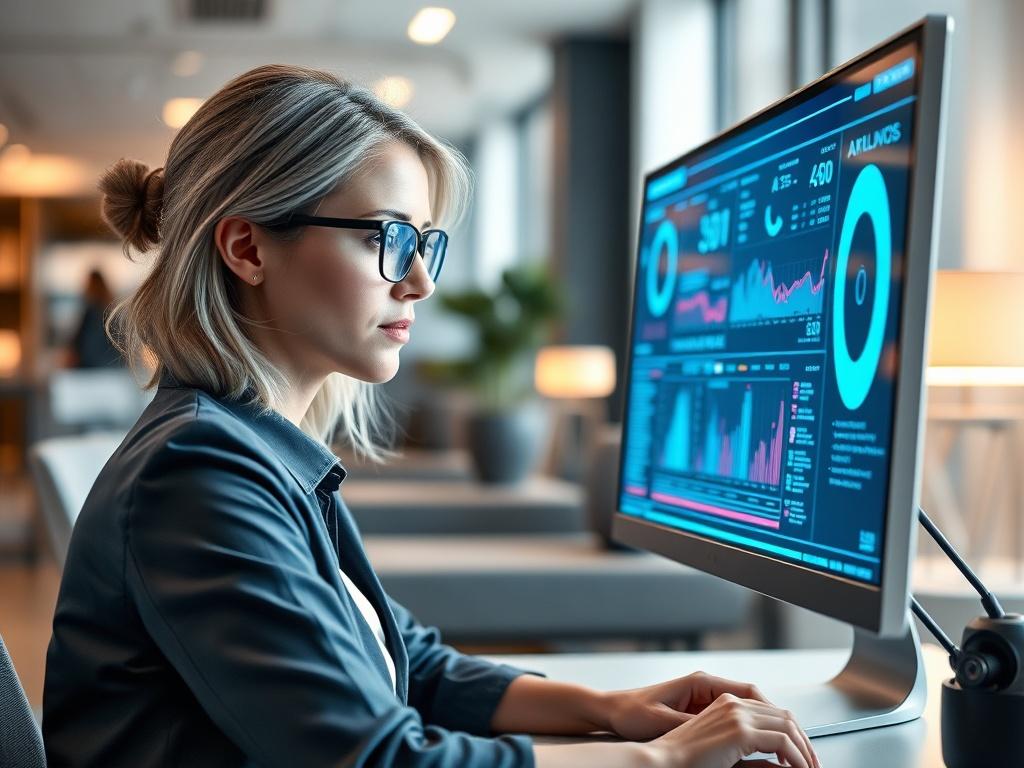 A young professional white woman with glasses, focused intently on a futuristic computer monitor displaying AI data and analytics. She is sitting in a modern office environment with sleek furniture and soft lighting, emphasizing a high-tech yet inviting atmosphere. The monitor should show vibrant graphics and information, illustrating advanced AI technology. The composition should be simple and clear, with the woman as the main subject, showcasing her engagement with the technology.