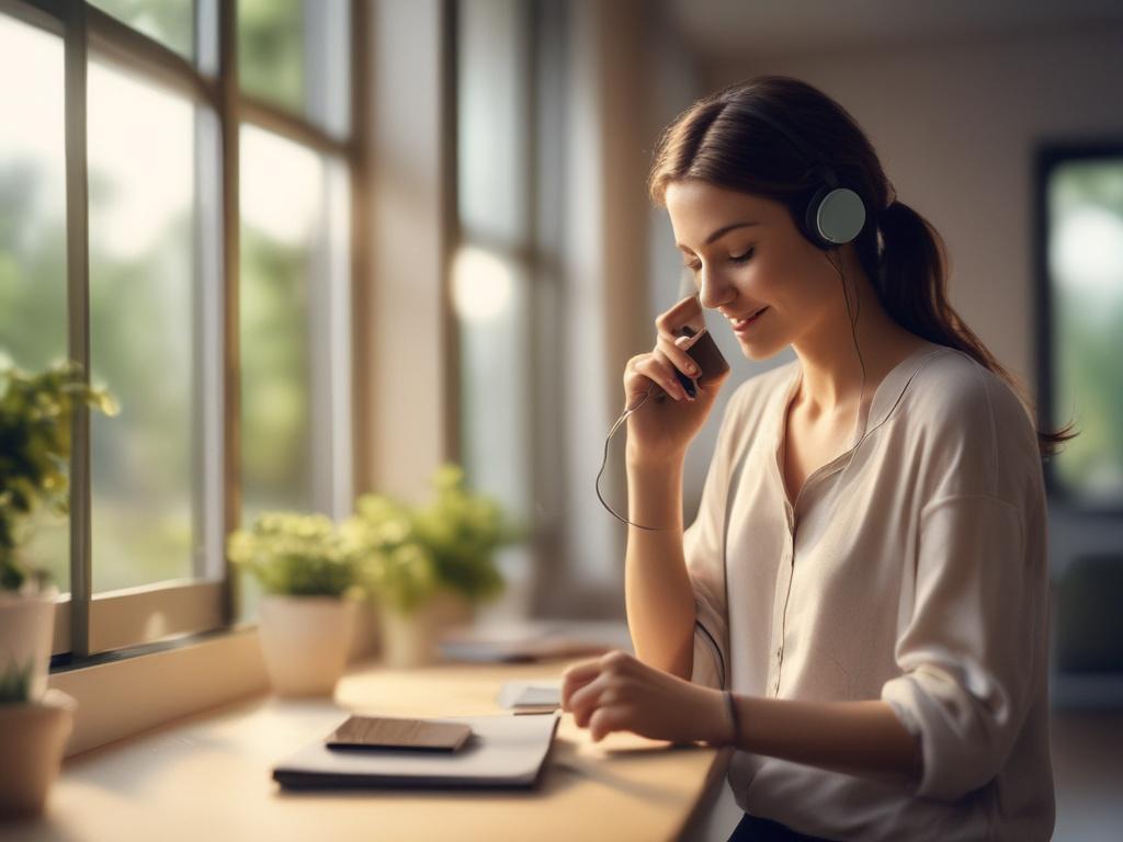 A serene environment with a person on the phone, looking