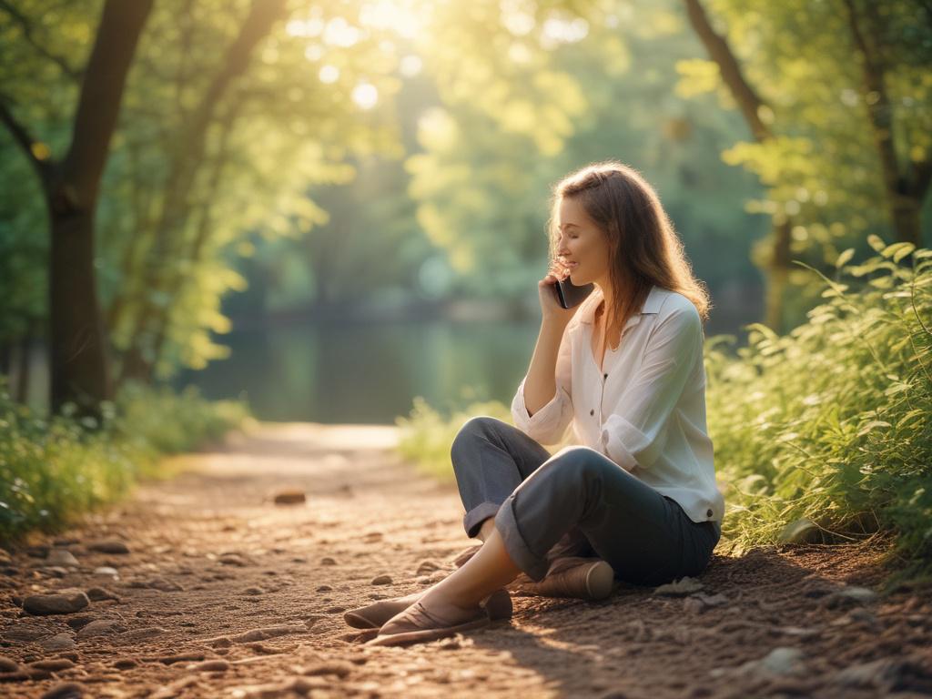 A tranquil setting with a person sitting comfortably, speaking on