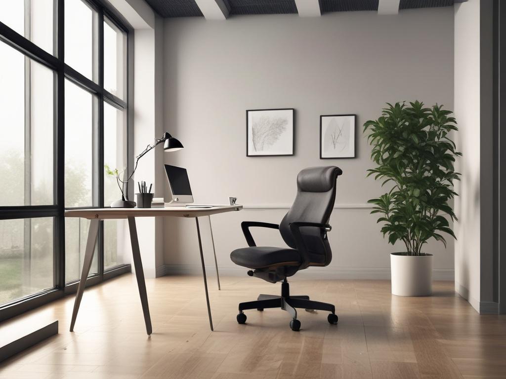 a serene office setting with a comfortable chair, soft lighting,