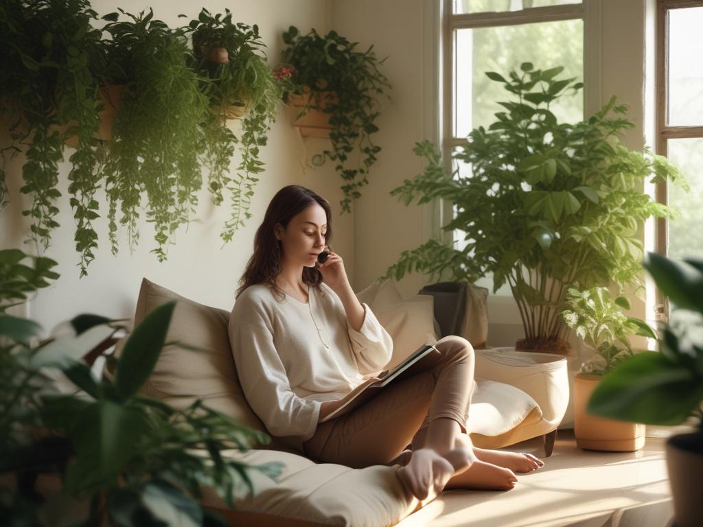 a friendly listener on a phone call, sitting in a