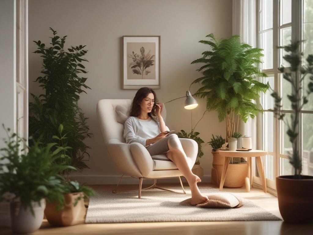 A serene, calm environment with a single person sitting comfortably