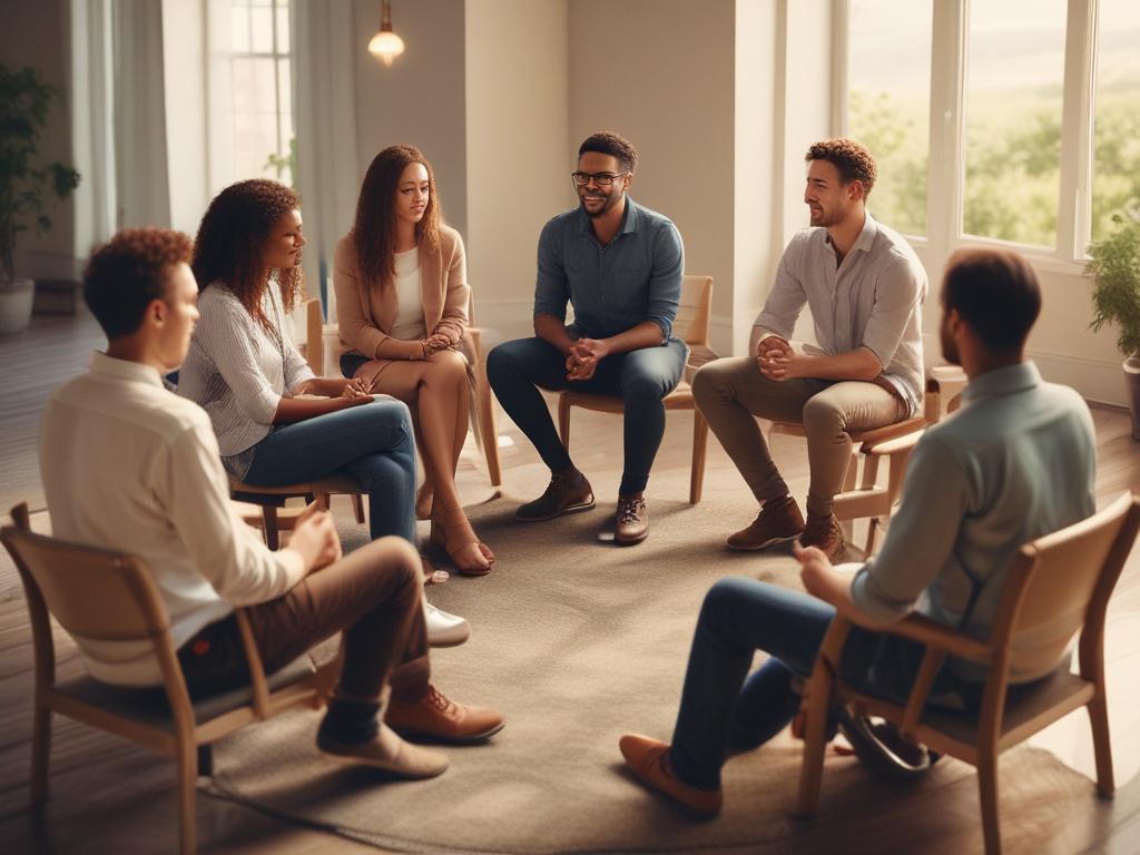 a group of diverse individuals sitting in a circle, engaging