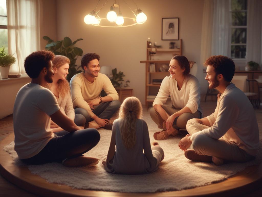 a group of diverse individuals sitting in a circle, engaging